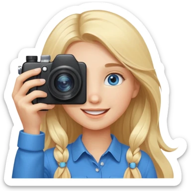  blue eyes blonde girl photographer cartoon taking picture in middle of taking picture camera in front of face long hair smiling funny flash professiona sticker