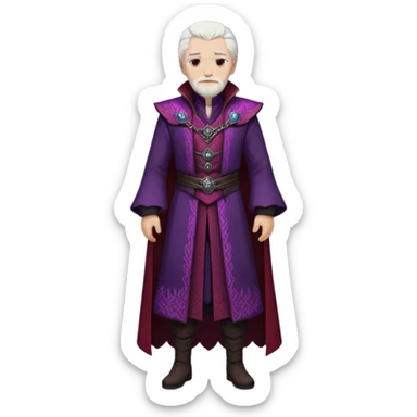 a white haired old man with purple eyes standing, full body, in Targaryen themed clothes, clothes are black and red themed sticker