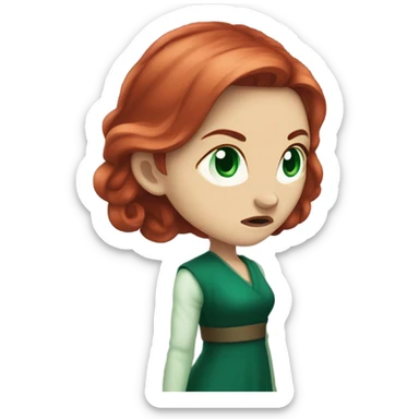 Rich woman, red long hair,  pale-skin, emerald blue-green-eyes,  scowling, very small nose, glaring, angry sticker