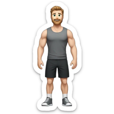 Full height Actively gesturing with hands Pale skinned Fit Man With the biceps and brown hair in dark gray Sleeveless Mike, black oversize sports shorts, watch and white Sneakers sticker