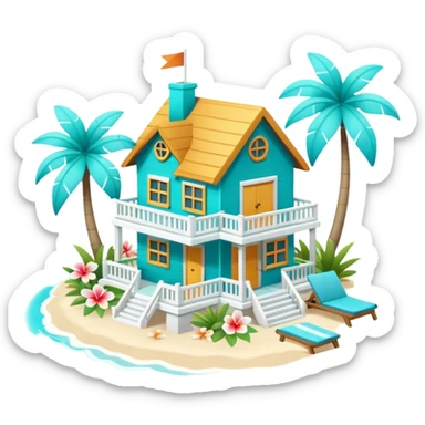 cute beach house, turquoise and white, colorful details, tropical flowers, 3D cartoon, mobile game icon style, clean background, no text, no watermark
 sticker