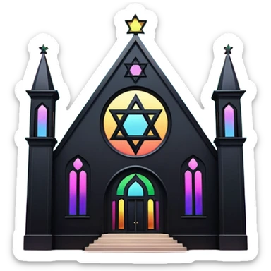 jewish synagogue temple in dark goth aesthetic style with black building and light rainbow tint glass windows and star of david and celestial symbolism sticker