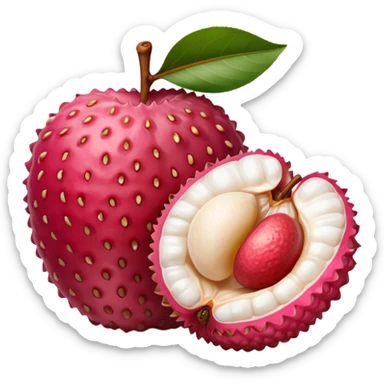 one whole lychee with rough, bumpy pink-red skin and a second one peeled open to show glossy white flesh and smooth brown seed inside, juicy translucent texture, soft lighting, subtle shadows, subtle highlights, no leaves, plate, or extras, apple emoji style, emoji scale sticker