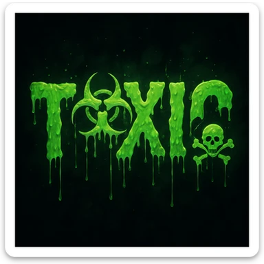 the word 'toxic' visually represented with green slime, hazard symbols, and a sense of danger in a distinct style sticker