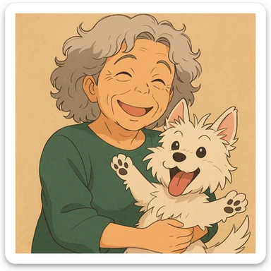 Make the Westie dog playful, with a joyful pose or playful look, keep the 50-year-old lady with silver curly hair smiling sticker