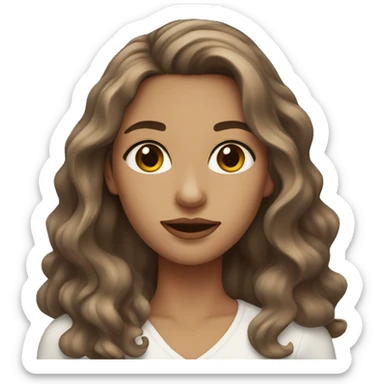 white woman with long brown wavy hair, brown eyes, medium size lips, small nose sticker