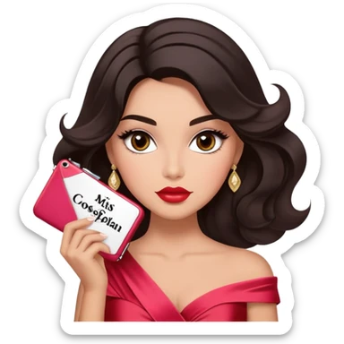 A woman with lighter almond-toned skin, voluminous dark hair in waves, expressive eyes with soft lashes and shimmer, full lips with a glossy nude-pink color, wearing a red dress and a white crossbody sash with “Miss San Juan” in black letters, exuding elegance and confidence. sticker
