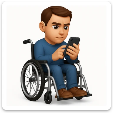 Show the man with his legs visible in the modern wheelchair, keeping the 3D emoji style and the hearing aid visible. sticker