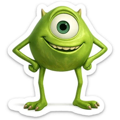 Mike Wazowski from Monsters Inc, standing with hands on hips, confident, green, one-eyed monster sticker