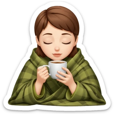 brown-haired pixie white girl inside a blanket sipping coffee eyes closed sticker