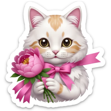 Can you make a cute cat handing out peonies bouquet with a coquette on the boquette sticker
