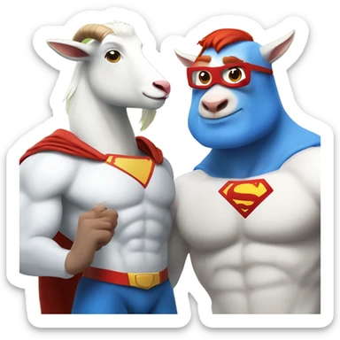 White superman with red hair and red beard flying next to a happy goat with a blue hair.  sticker