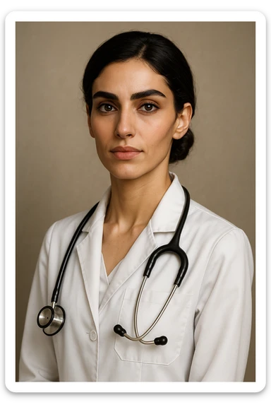 Arab doctor, 46 kg, 173 cm, medium black-brown hair in a low bun, black eyes with long lashes and thick eyebrows, beautiful mouth, defined facial bone structure, prominent cheekbones, chin with a dimple (غمازة ذقن), wearing a white coat and stethoscope, elegant and professional sticker