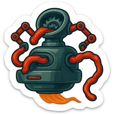 hovering robot. stuffs material into large hole on its top with 2 arms. no head. hole is where a head would be. spinning gears and blades in hole grind material.  3/4 view. between realism and cartoon. well lit. no dramatic lighting. metallic shiny robot. works diligently. drake humor sticker