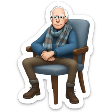 Bernie sanders freezing in chair with legs and arms crossed wearing a scarf sticker