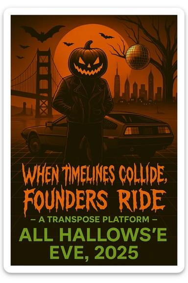 Make the font "When Timelines Collide, Founders Ride" runny, spooky.  sticker