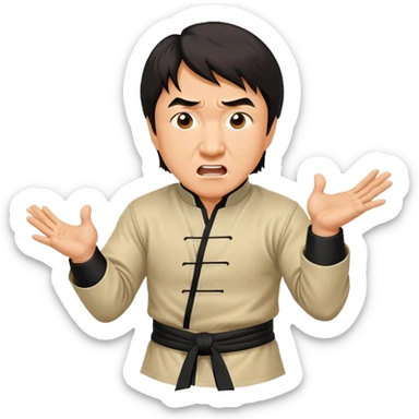 Jackie Chan in kung fu pose with his classic surprised expression, martial arts stance sticker