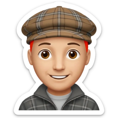 a bald man wearing a grey and brown tratan flap cap looking really hopeful sticker