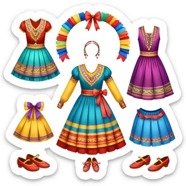 Icon for Folk Dance: close-up traditional dance dress, shoes, colorful folk costumes and a dance circle with ribbons. The icon should represent the vibrant and cultural aspects of folk dancing. Transparent background. sticker