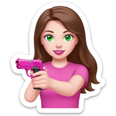 mid sized white skinned girl with green eyes and long brown hair aiming a pink pistol smiling maniacally in a pink t-shirt with pink lips sticker
