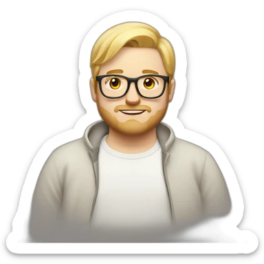 Young chubby white man with straight blond hair, glasses and little beard sticker