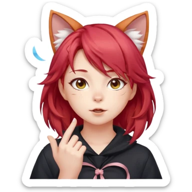 cute anime girl with cat ears, red blowing hair sticker