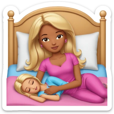Brown skin blonde hair Barbie sleeping in bed  sticker