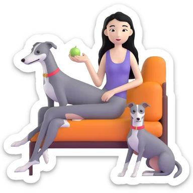 Very thin Chinese woman with long black hair relaxing in a luxurious hotel suite with exactly ONE whippet dog. EXTREME IMPORTANCE: the whippet must be ONE SOLID MEDIUM GREY COLOR (not too dark, not too light) from nose to tail with ABSOLUTELY NO WHITE MARKINGS anywhere - NO white on face, NO white on muzzle, NO white on chest, NO white on paws, NO white on tail - NOTHING BUT A SINGLE SHADE OF MEDIUM GREY throughout the entire animal sticker
