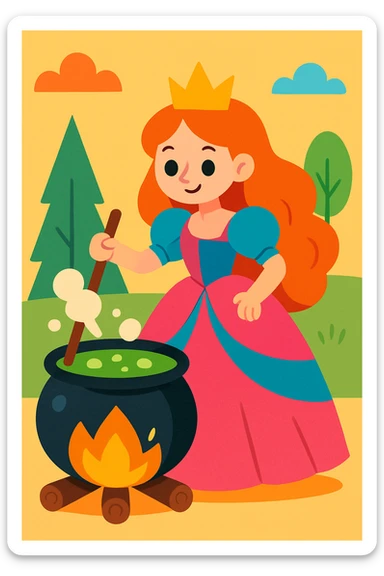 a princess stirring a pot, whimsical style, playful, bright colors sticker