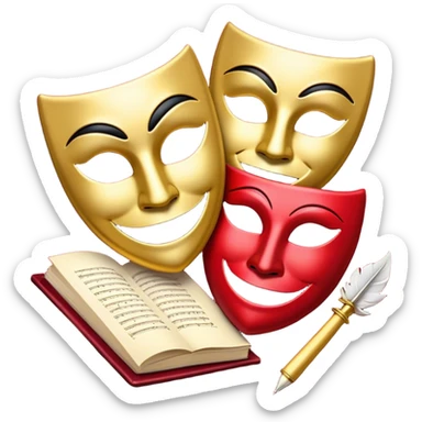 Create a bold and dramatic emoji representing the art of playwriting. The design should feature an open script or a theater playbook, with stylized text lines or dramatic dialogue inside. Include elements like a theatrical comedy and tragedy masks, a stage spotlight, or a writting quill to symbolize creativity and performance. Use deep, contrasting colors like red, black, and gold to evoke the intensity and passion of drama. The overall design should feel dramatic, inspiring, and artistic. Make the background transparent. sticker