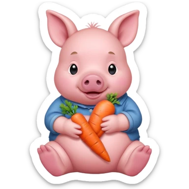 Baby Sitting Piglet – chubby piglet sitting down holding a toy carrot sticker