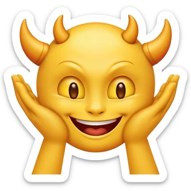 yellow emoji face with devil-like grin and hands rubbing together deviously sticker