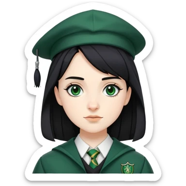 Pansy Parkinson in harry potter, wear hogwarts slytherin uniform, black hair, not wearing hat sticker