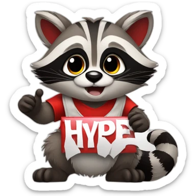 anime raccoon holding a sign that reads "hype" in red font sticker