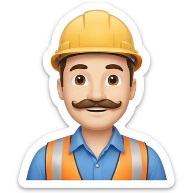 Construction owner, well dressed, blue shirt, mustache, happy sticker