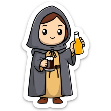 young female medieval pilgrim with cloak and beer bottle sticker