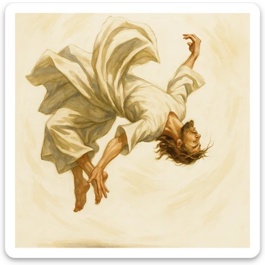 Jesus mid-air in a backflip, robe flowing, energetic, minimal background sticker