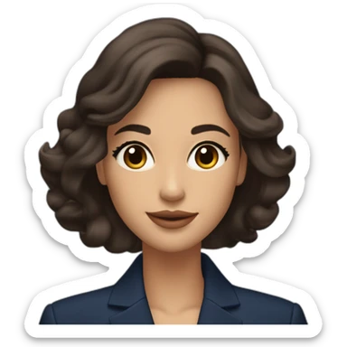 Beautiful woman with long dark brown hair, big almond shape brown eyes wirh long eyelashes, pretty smile with medium full lips, defined jawline, medium size nose, wearing a navy power suit  sticker