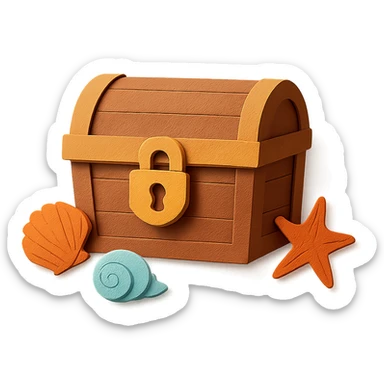 closed treasure chest with a lock, surrounded by seashells and starfish, paper-craft style sticker