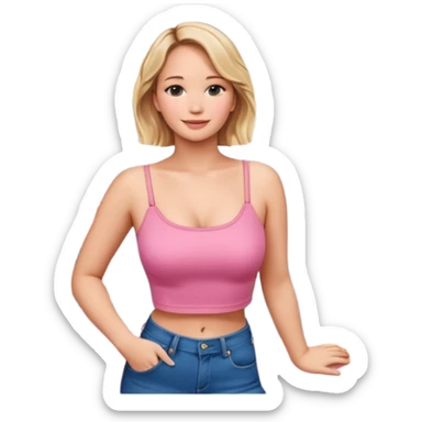jennifer lawrence, pink crop top, and blue jeans, leaning on a balcony with a harbor and cityscape in the background, smiling sticker