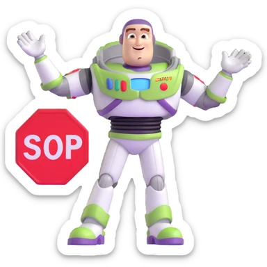 Buzz Lightyear character with a red stop sign above him sticker