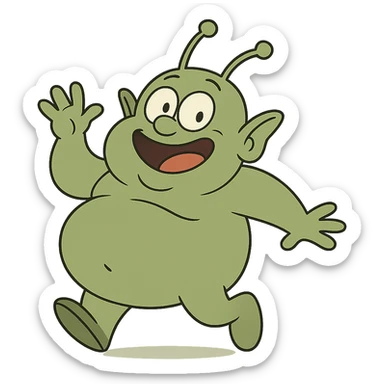 cartoonish fat Martian with green skin and antennae, in a playful pose sticker