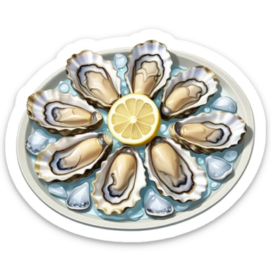 Cinematic fresh oysters on the half-shell, glistening with seawater, served with lemon wedges and ice, soft glowing highlights, elegant and luxurious. sticker