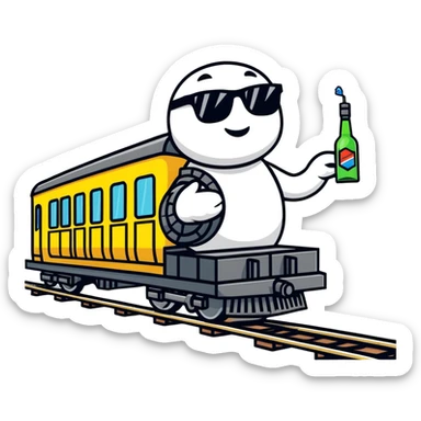 A comical locomotive partying with sunglasses, dancing on train tracks, holding vodka bottles like maracas sticker