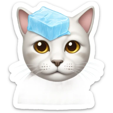Sad cat with an ice pack on its head  sticker