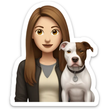 white woman with straight long brown hair standing alongside a white pitbull sticker