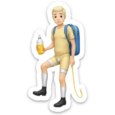 Man, mid 60, with a urine condom and leg bag sticker