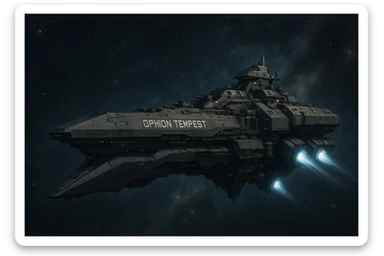 capital class space cruiser supercarrier of Zrian [human] origins, named the "Ophion Tempest" sticker
