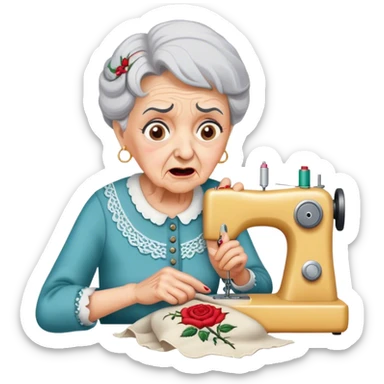"Grandmother pricks finger sewing rose embroidery, shocked, pain, surprised, distressed. sticker