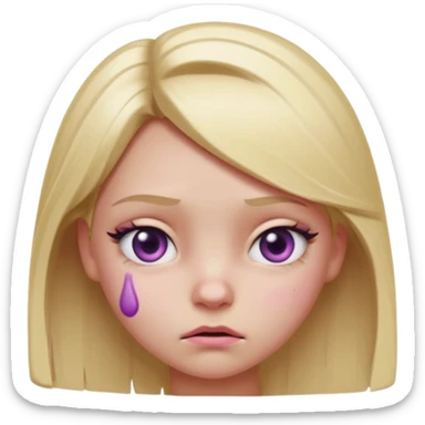 Blonde girl emoji, head and slight shoulders visible, one eye bruised pink and slightly swollen (cartoon black eye), soft pink-purple bruise shading around eyelid, cute but annoyed expression, glossy smooth 3D emoji render, centered composition, clean lighting, white or transparent background. sticker